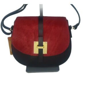 Charlie Leather Mack Small Shoulder Bag/Crossbody–Black Leather & Red Fur-NWT